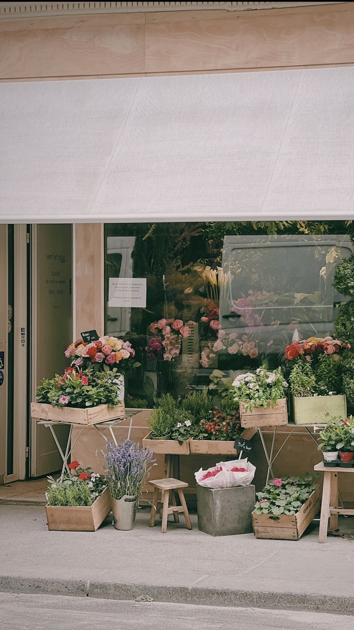 A flower shop displayed along a Paris street